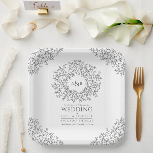 モノサークル葉線アートモノグラム結婚ズ ペーパープレート (ウェディング)