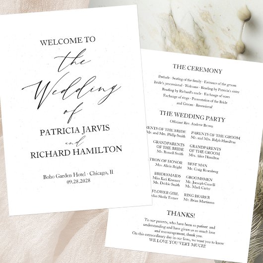 モノトーンのエレガントなミニマリスト結婚式プログラム 招待状