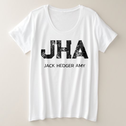 モノトーン シンプルな3文字のモノグラム 白 プラスサイズTシャツ (デザイン正面)