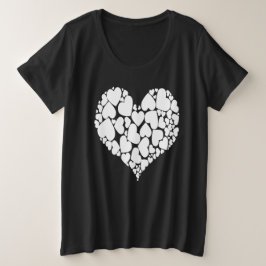 モノトーン ホワイトのロマンティック ハート デザイン プラスサイズTシャツ