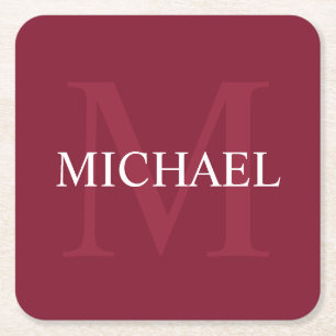 モノパーソナライズされたグラムと名前Burgundy Red スクエアペーパーコースター