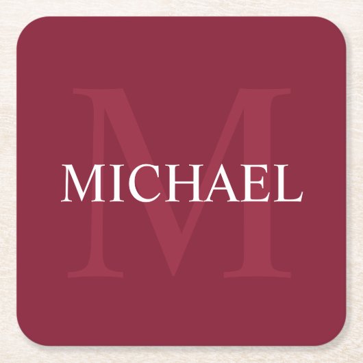 モノパーソナライズされたグラムと名前Burgundy Red スクエアペーパーコースター (正面)