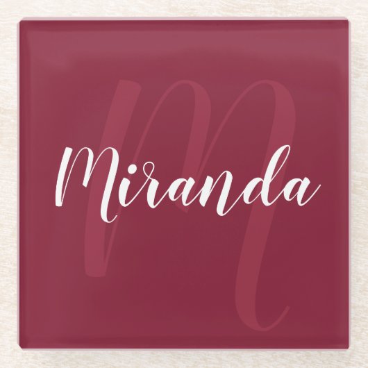 モノモダングパーソナライズされたラムと名前Burgundy Red ガラスコースター (正面)