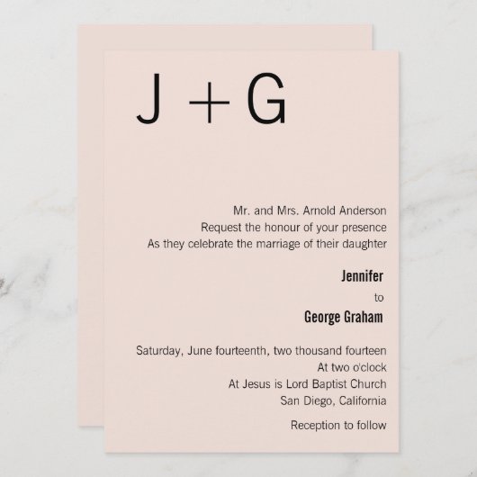 モノモダングラム結婚式招待状-ピンク&ブラック 招待状 (正面/裏面)