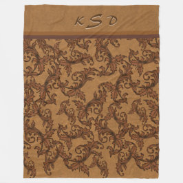 モノラムマドリサビと金ゴールドの葉の渦 フリースブランケット