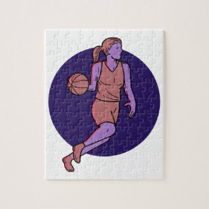 モノラル線画したたらせている女性のバスケットボール選手 ジグソーパズル