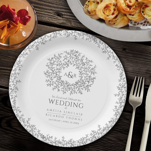 モノ サークル リーフ ドローイング モノグラム ウェディング ペーパープレート