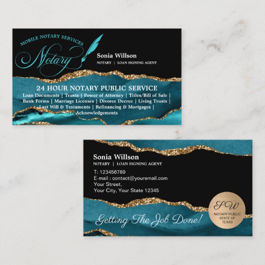 モバイル公証人およびローンの署名エージェントティール（緑がかった色） 名刺 (正面/裏面)