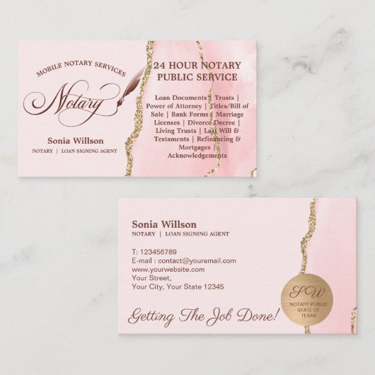モバイル公証人およびローン契約代理店ピンクフライヤー 名刺 (正面/裏面)
