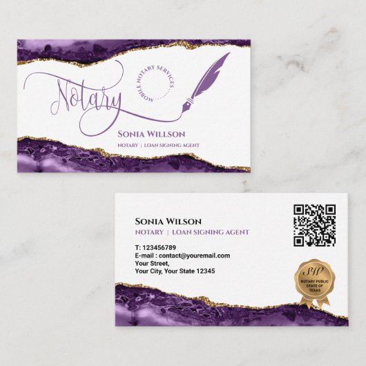 モバイル公証人およびローン署名エージェント紫QRコード 名刺 (正面/裏面)