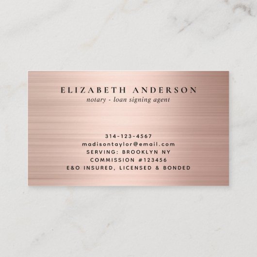 モバイル公証人エージェントQuillバラ金ゴールドブラシ付きメタル 名刺 (裏面)