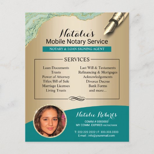 モバイル公証人サービスティール(緑がかった色)&金ゴールドフォトフライヤー チラシ (正面)