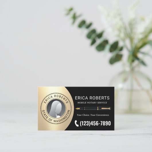 モバイル公証人署名エージェントブラック&金ゴールド写真 名刺 (スタンド正面)