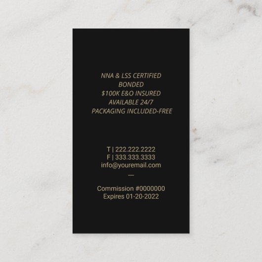 モバイル公証署名代理人モダン金ゴールドクイルペン 名刺 (裏面)