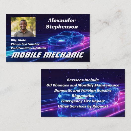 モバイル整備士車の自動修復フォトパープルネオン 名刺 (正面/裏面)