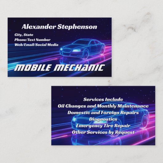 モバイル整備士車の自動車修理ショップパープルネオン 名刺 (正面/裏面)