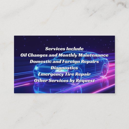 モバイル整備士車の自動車修理ショップパープルネオン 名刺 (裏面)