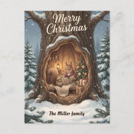 モフモフのリスたちの木のうろの森のクリスマス シーズンポストカード