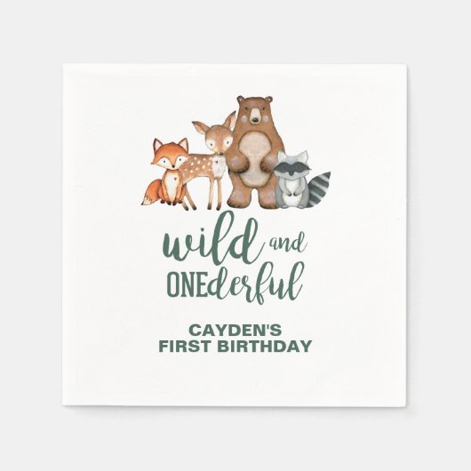 モフモフの森の動物1歳の誕生日おめでとう スタンダードカクテルナプキン (正面)