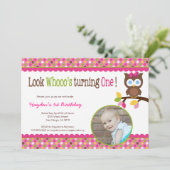 モフ・フクロウ 1歳の誕生日おめでとう - はじめてのパーティー 招待状 (スタンド正面)