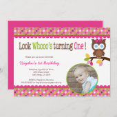 モフ・フクロウ 1歳の誕生日おめでとう - はじめてのパーティー 招待状 (正面/裏面)