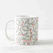 モミの小枝とベリーのクリスマス 名前入り コーヒーマグカップ (左)