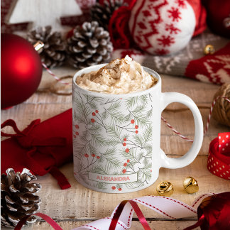 モミの小枝とベリーのクリスマス 名前入り コーヒーマグカップ