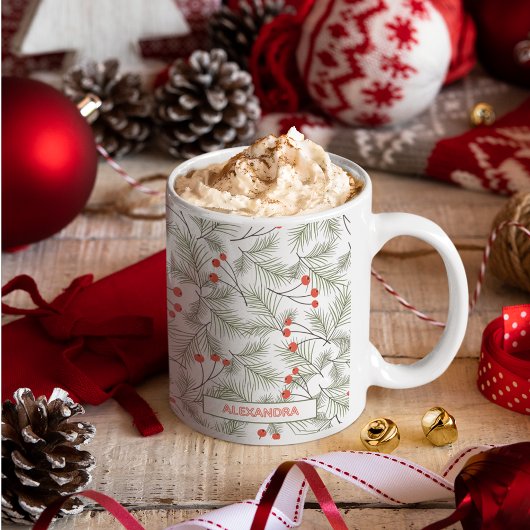 モミの小枝とベリーのクリスマス 名前入り コーヒーマグカップ