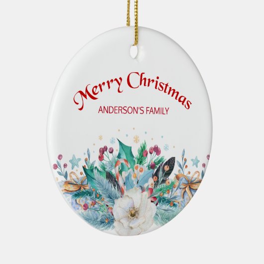 モミの小枝と白いバラ セラミックオーナメント (右)