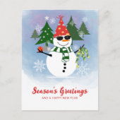 モミの木とユーモアあふれる雪だるまのクリスマス ポストカード (正面)
