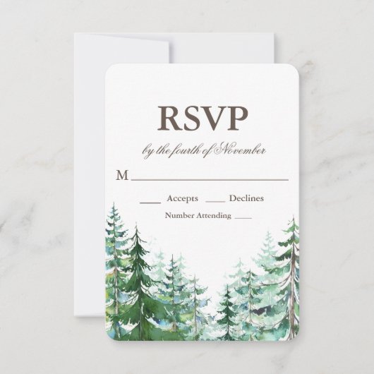 モミの木の田舎風ウェディングRSVP 出欠カード (正面)