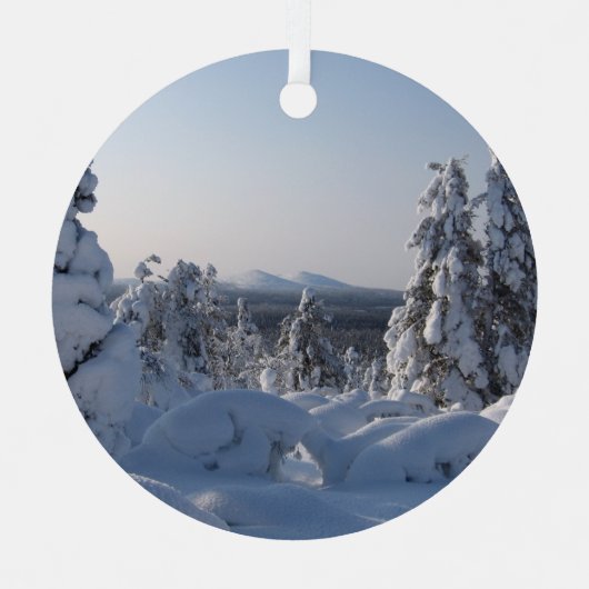 モミの木の雪景色 メタルオーナメント (正面)