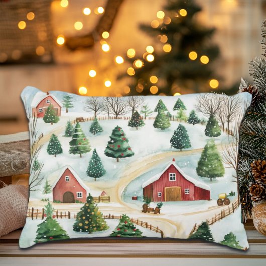 モミの木素朴が植えられた水彩冬の風景 アクセントクッション