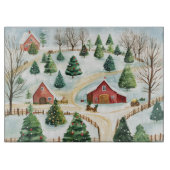 モミの木素朴が植えられた水彩冬の風景 カッティングボード (正面)