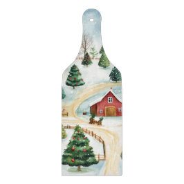モミの木素朴が植えられた水彩冬の風景 カッティングボード
