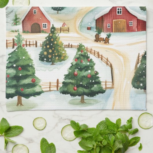 モミの木素朴が植えられた水彩冬の風景 キッチンタオル (折り畳み)
