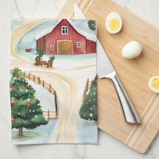モミの木素朴が植えられた水彩冬の風景 キッチンタオル (四つ折り)