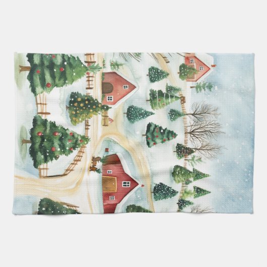 モミの木素朴が植えられた水彩冬の風景 キッチンタオル (横)
