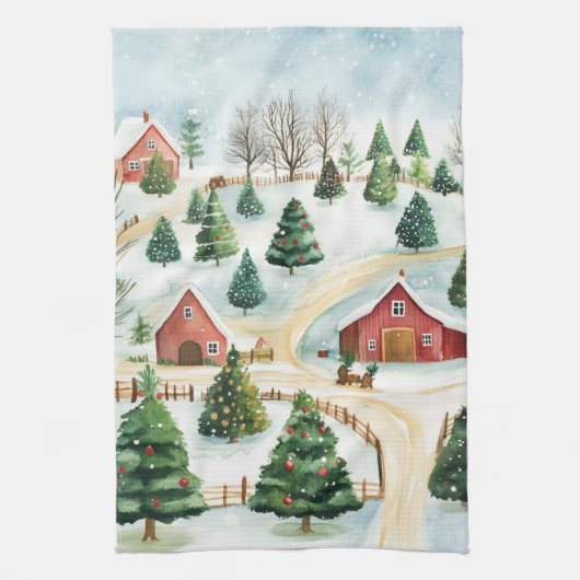 モミの木素朴が植えられた水彩冬の風景 キッチンタオル (縦)