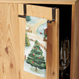 モミの木素朴が植えられた水彩冬の風景 キッチンタオル