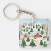 モミの木素朴が植えられた水彩冬の風景 キーホルダー (正面)