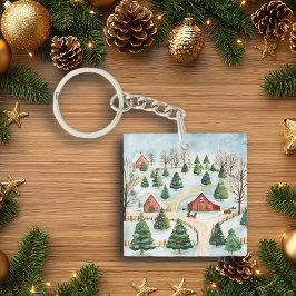 モミの木素朴が植えられた水彩冬の風景 キーホルダー
