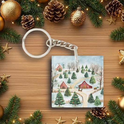 モミの木素朴が植えられた水彩冬の風景 キーホルダー