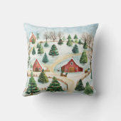 モミの木素朴が植えられた水彩冬の風景 クッション (裏面)