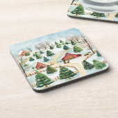 モミの木素朴が植えられた水彩冬の風景 コースター (左側)