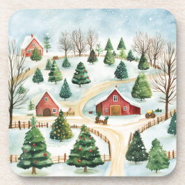 モミの木素朴が植えられた水彩冬の風景 コースター