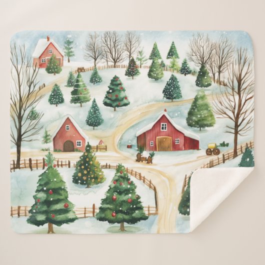 モミの木素朴が植えられた水彩冬の風景 シェルパブランケット (正面(横))