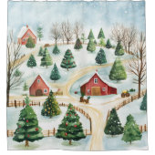 モミの木素朴が植えられた水彩冬の風景 シャワーカーテン (正面)