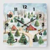 モミの木素朴が植えられた水彩冬の風景 スクエア壁時計 (正面)