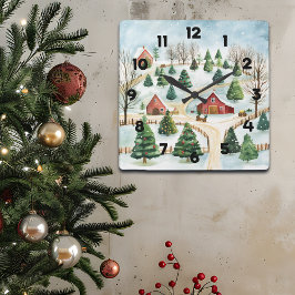 モミの木素朴が植えられた水彩冬の風景 スクエア壁時計